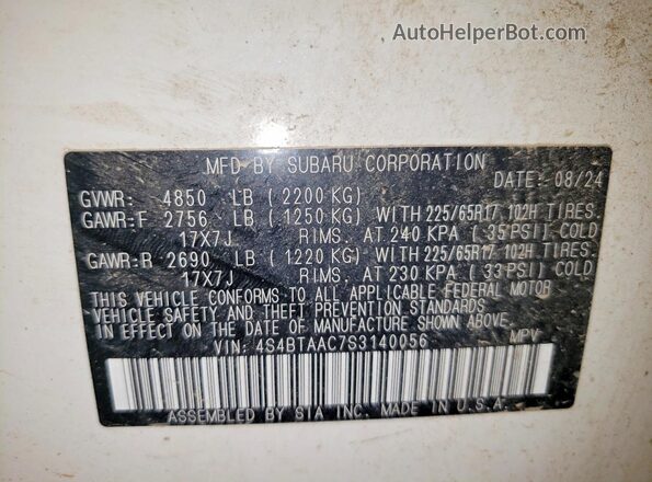 4S4BTAAC7S3140056 2025 SUBARU OUTBACK White Vista de la etiqueta del VIN