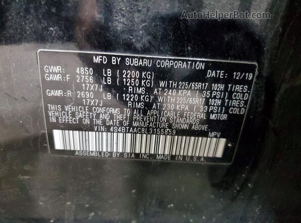 4S4BTAAC8L3155859 2020 SUBARU OUTBACK Black Vista de la etiqueta del VIN