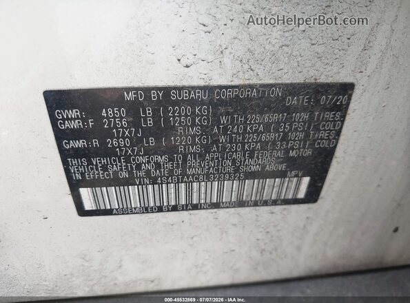 4S4BTAAC8L3239325 2020 SUBARU OUTBACK Белый Вид подкапотного пространства