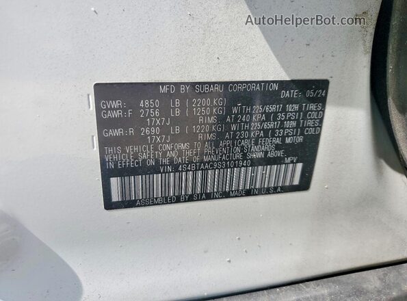 4S4BTAAC9S3101940 2025 SUBARU OUTBACK White VIN კოდის სტიკერის ხედი
