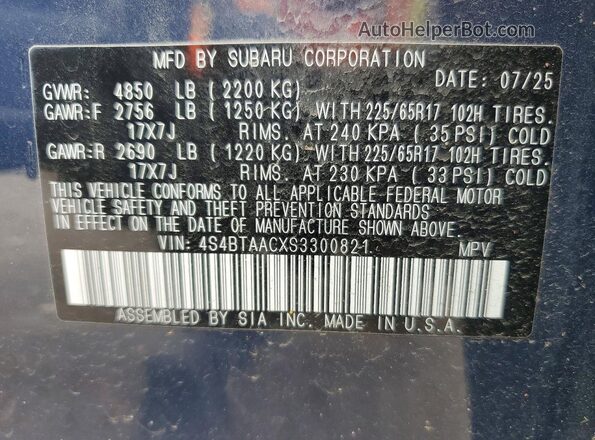 4S4BTAACXS3300821 2025 SUBARU OUTBACK Blue VIN sticker view