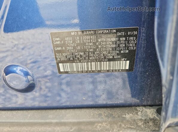4S4BTACC0L3172698 2020 SUBARU OUTBACK Синий Вид наклейки с VIN-кодом