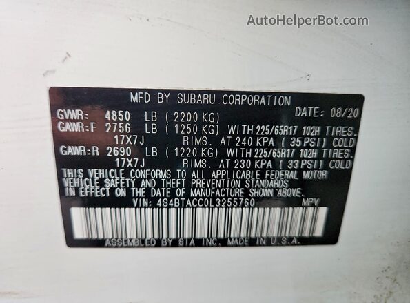 4S4BTACC0L3255760 2020 SUBARU OUTBACK White 360 interior view