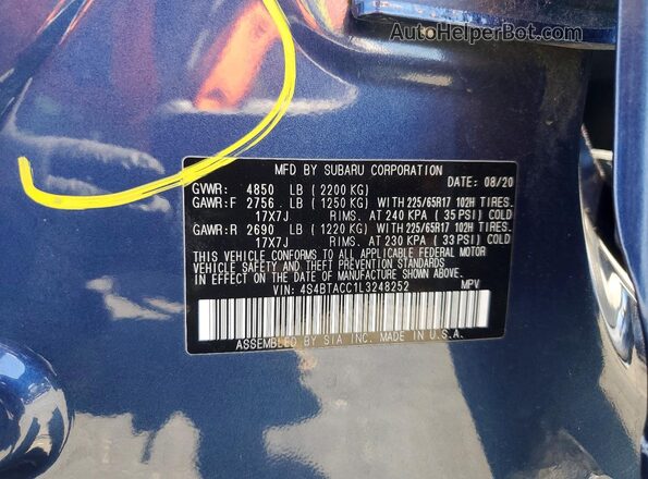 4S4BTACC1L3248252 2020 SUBARU OUTBACK Blue Панорамний вид салону 360°