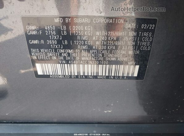 4S4BTACC1N3201600 2022 SUBARU OUTBACK Gray Вид підкапотного простору