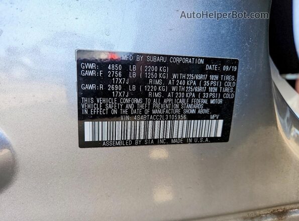4S4BTACC2L3105956 2020 SUBARU OUTBACK Silver 360 interior view
