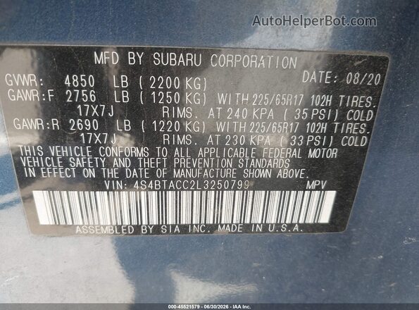 4S4BTACC2L3250799 2020 SUBARU OUTBACK Blue Շարժիչի բաժամունքի տեսք