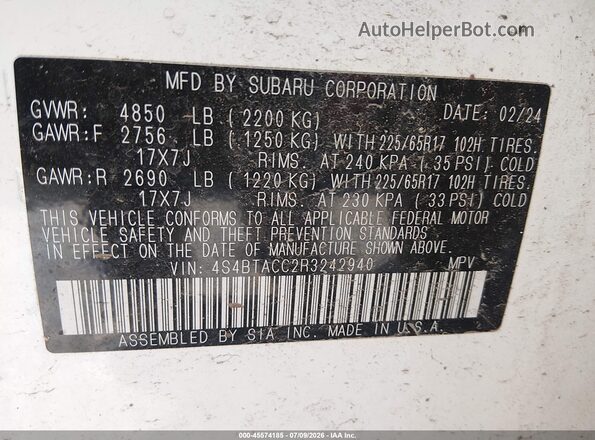 4S4BTACC2R3242940 2024 SUBARU OUTBACK White Vista del compartimento del motor
