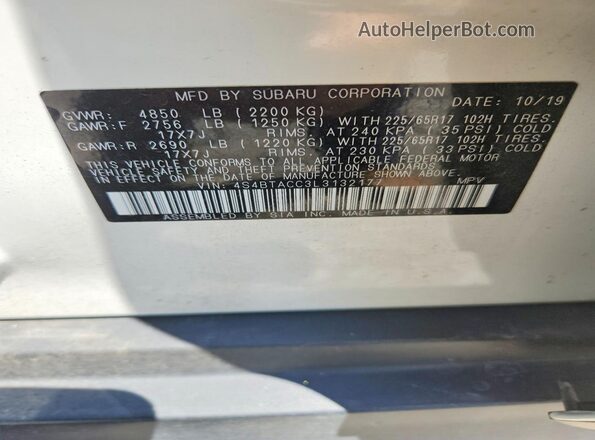 4S4BTACC3L3132177 2020 SUBARU OUTBACK White სალონის 360-გრადუსიანი ხედი