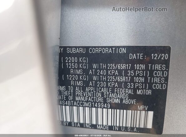 4S4BTACC3M3149949 2021 SUBARU OUTBACK Silver Вид підкапотного простору