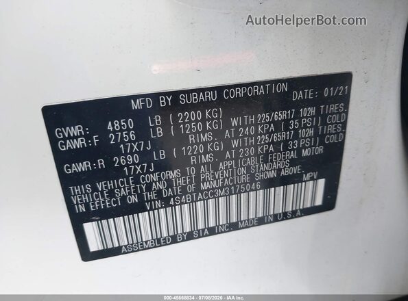 4S4BTACC3M3175046 2021 SUBARU OUTBACK White Vista del compartimento del motor
