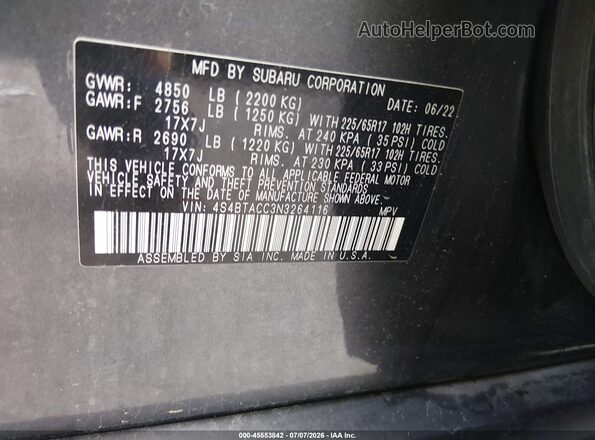 4S4BTACC3N3264116 2022 SUBARU OUTBACK Gray Widok komory silnika