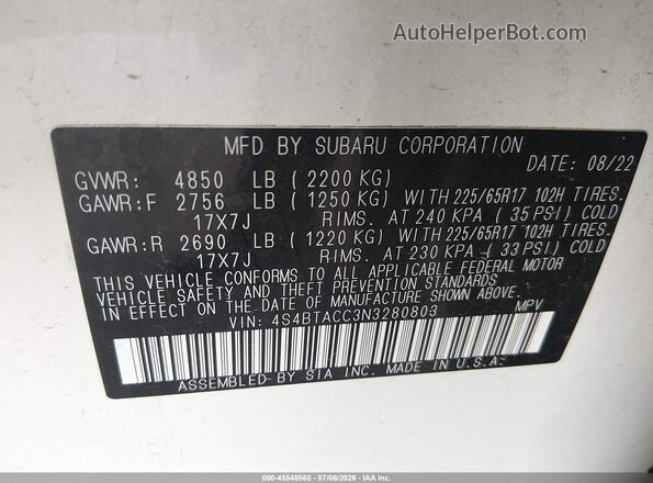 4S4BTACC3N3280803 2022 SUBARU OUTBACK White ძრავის განყოფილების ხედი