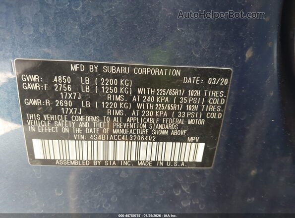 4S4BTACC4L3206402 2020 SUBARU OUTBACK Blue Engine compartment view