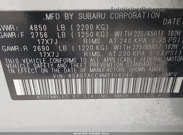 4S4BTACC4M3104244 2021 SUBARU OUTBACK Silver ძრავის განყოფილების ხედი
