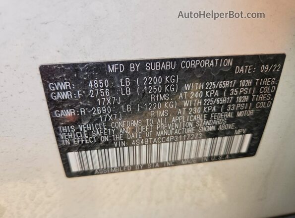 4S4BTACC4P3117273 2023 SUBARU OUTBACK White VIN sticker view