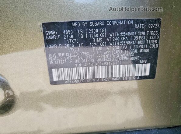 4S4BTACC4P3176131 2023 SUBARU OUTBACK Green Vista de la etiqueta del VIN