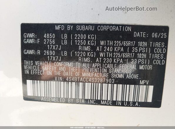 4S4BTACC4S3287903 2025 SUBARU OUTBACK White Vista del compartimento del motor