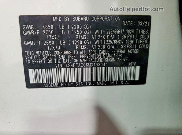 4S4BTACC6M3193041 2021 SUBARU OUTBACK White Widok komory silnika