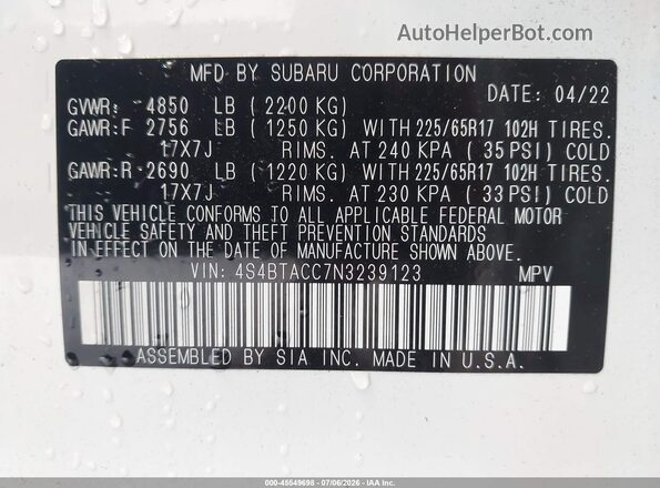 4S4BTACC7N3239123 2022 SUBARU OUTBACK Белый Вид подкапотного пространства