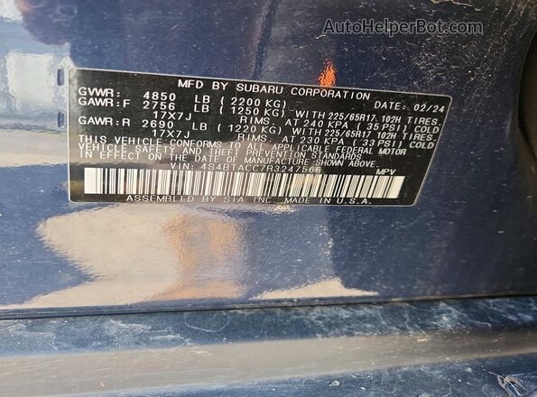 4S4BTACC7R3247566 2024 SUBARU OUTBACK Blue VIN կոդի պիտակի տեսք