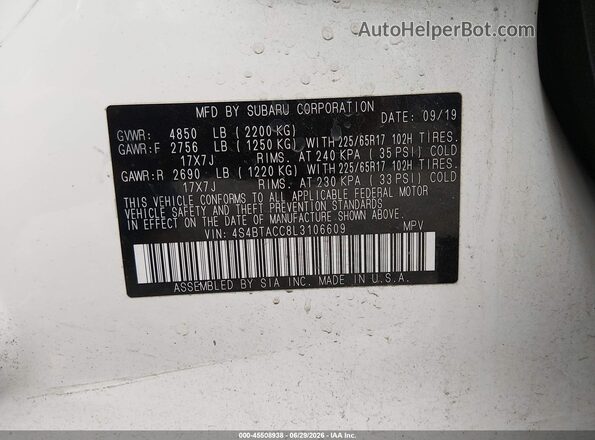 4S4BTACC8L3106609 2020 SUBARU OUTBACK White Widok komory silnika