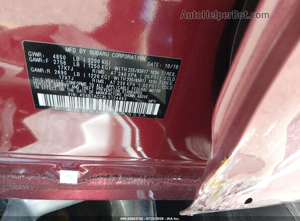 4S4BTACC8L3124463 2020 SUBARU OUTBACK Red Engine compartment view