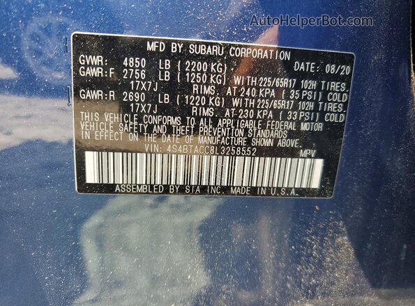 4S4BTACC8L3258552 2020 SUBARU OUTBACK Blue Widok naklejki z numerem VIN