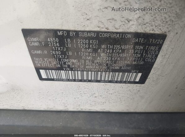 4S4BTACC8M3142785 2021 SUBARU OUTBACK White Widok komory silnika