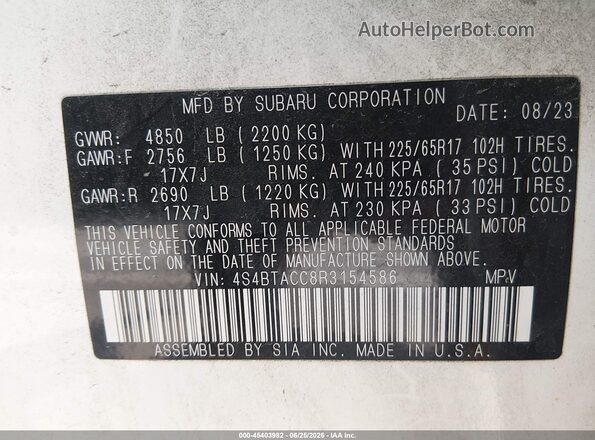 4S4BTACC8R3154586 2024 SUBARU OUTBACK White ძრავის განყოფილების ხედი