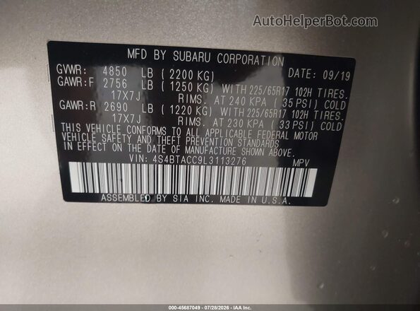 4S4BTACC9L3113276 2020 SUBARU OUTBACK Silver Շարժիչի բաժամունքի տեսք