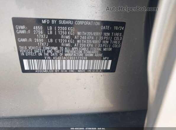 4S4BTACC9S3172598 2025 SUBARU OUTBACK Серебряный Вид подкапотного пространства