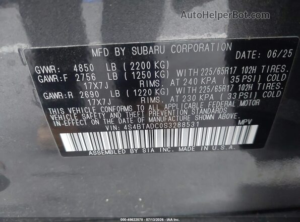 4S4BTADC0S3288531 2025 SUBARU OUTBACK Gray Вид підкапотного простору