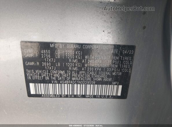 4S4BTADC1N3229556 2022 SUBARU OUTBACK Light Blue ძრავის განყოფილების ხედი