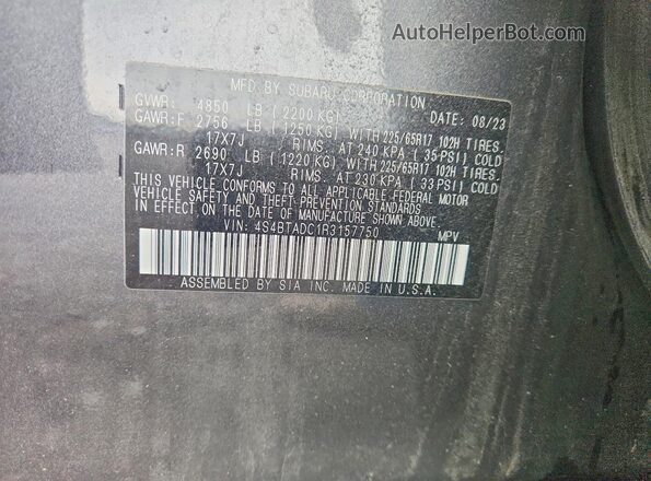 4S4BTADC1R3157750 2024 SUBARU OUTBACK Gray VIN კოდის სტიკერის ხედი