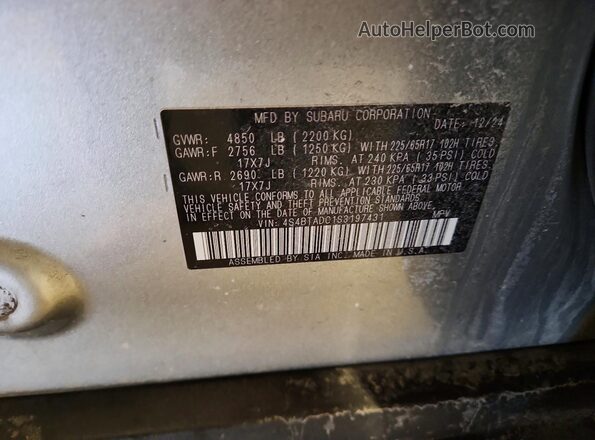 4S4BTADC1S3197431 2025 SUBARU OUTBACK Серебряный Вид наклейки с VIN-кодом