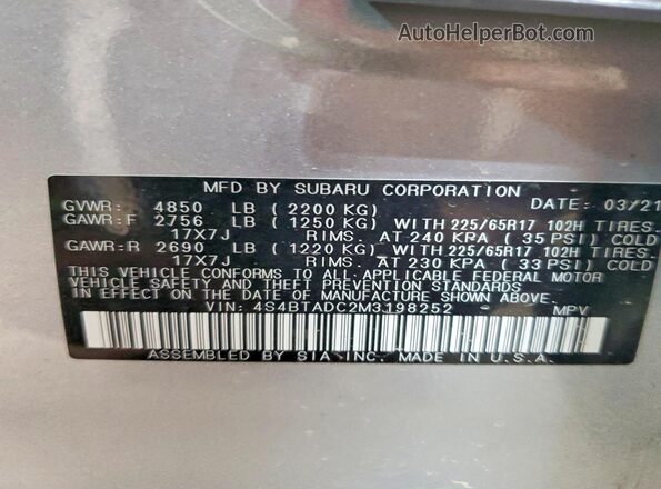 4S4BTADC2M3198252 2021 SUBARU OUTBACK Silver Vista del compartimento del motor
