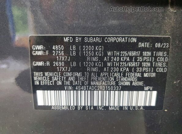 4S4BTADC2R3150337 2024 SUBARU OUTBACK Gray VIN կոդի պիտակի տեսք