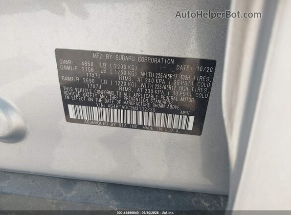 4S4BTADC3M3132339 2021 SUBARU OUTBACK Silver Widok komory silnika
