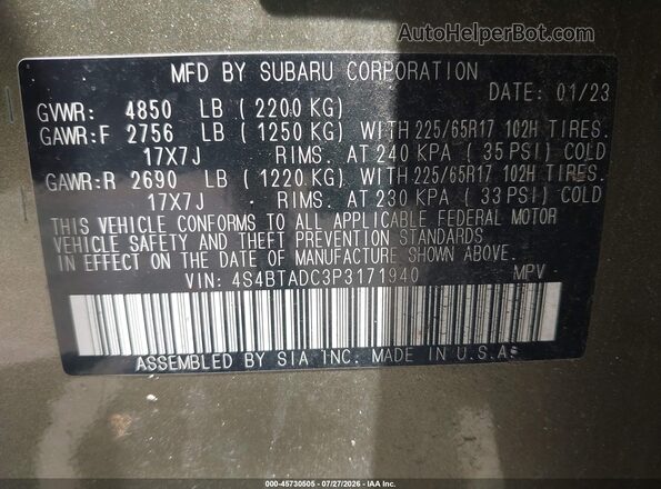 4S4BTADC3P3171940 2023 SUBARU OUTBACK Green Widok komory silnika