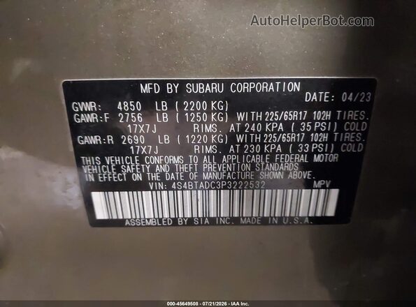 4S4BTADC3P3222532 2023 SUBARU OUTBACK Green Vista del compartimento del motor