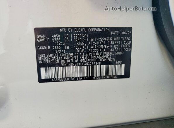 4S4BTADC4N3267346 2022 SUBARU OUTBACK White Widok naklejki z numerem VIN