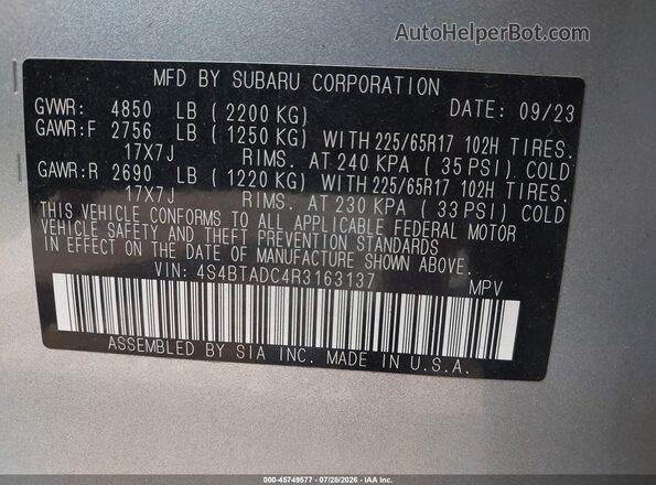 4S4BTADC4R3163137 2024 SUBARU OUTBACK Silver Engine compartment view
