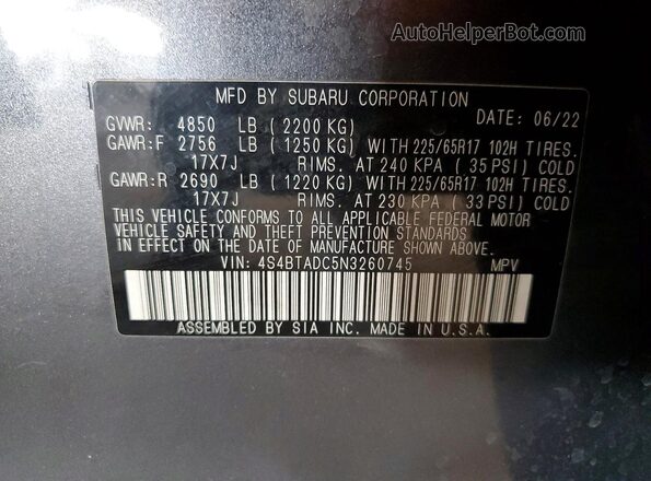 4S4BTADC5N3260745 2022 SUBARU OUTBACK Серый Вид подкапотного пространства