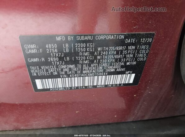 4S4BTADC6M3158644 2021 SUBARU OUTBACK Red Engine compartment view