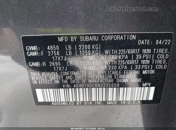 4S4BTADC6N3235059 2022 SUBARU OUTBACK Gray Շարժիչի բաժամունքի տեսք