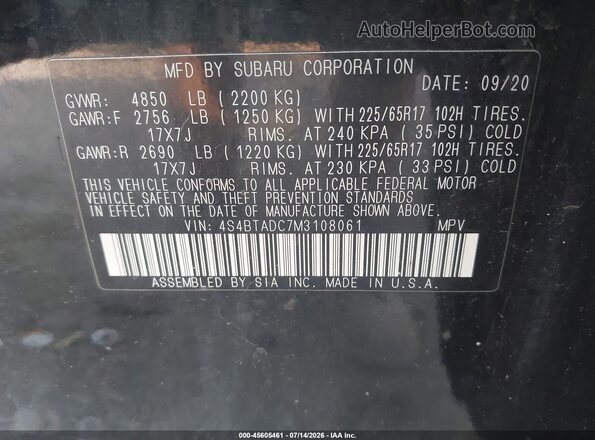 4S4BTADC7M3108061 2021 SUBARU OUTBACK Black Engine compartment view