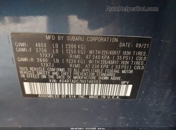 4S4BTADC7N3146553 2022 SUBARU OUTBACK Blue Вид підкапотного простору