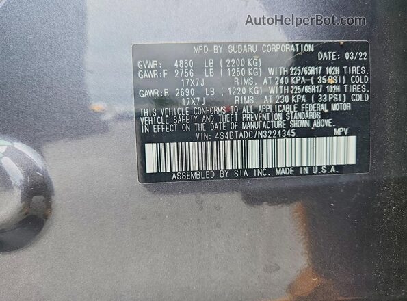 4S4BTADC7N3224345 2022 SUBARU OUTBACK Charcoal VIN კოდის სტიკერის ხედი