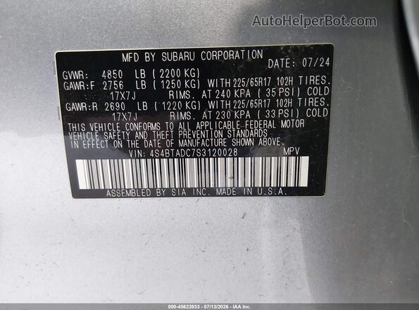 4S4BTADC7S3120028 2025 SUBARU OUTBACK Gray ძრავის განყოფილების ხედი